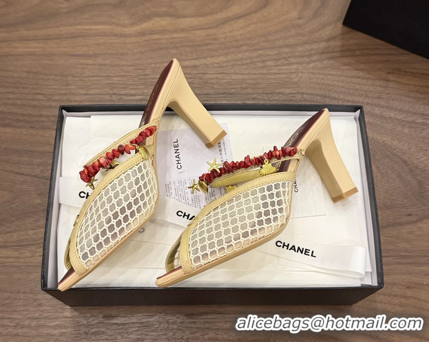 Cheap Chanel High Heeled Mules Sandals Beige Mesh Cotton and Lambskin 80MM 6052402