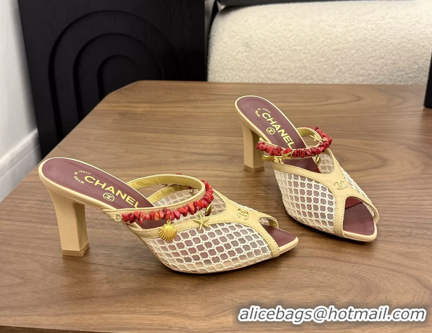 Cheap Chanel High Heeled Mules Sandals Beige Mesh Cotton and Lambskin 80MM 6052402