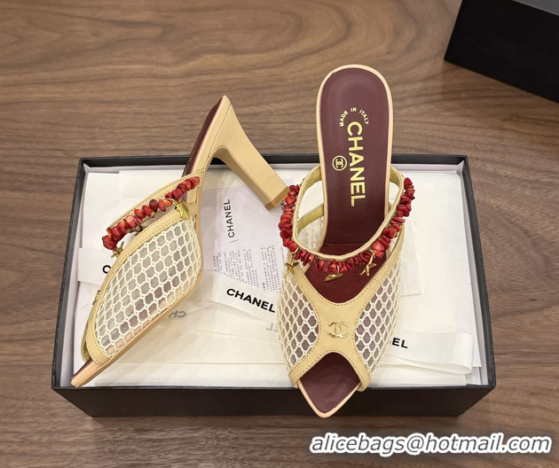 Cheap Chanel High Heeled Mules Sandals Beige Mesh Cotton and Lambskin 80MM 6052402