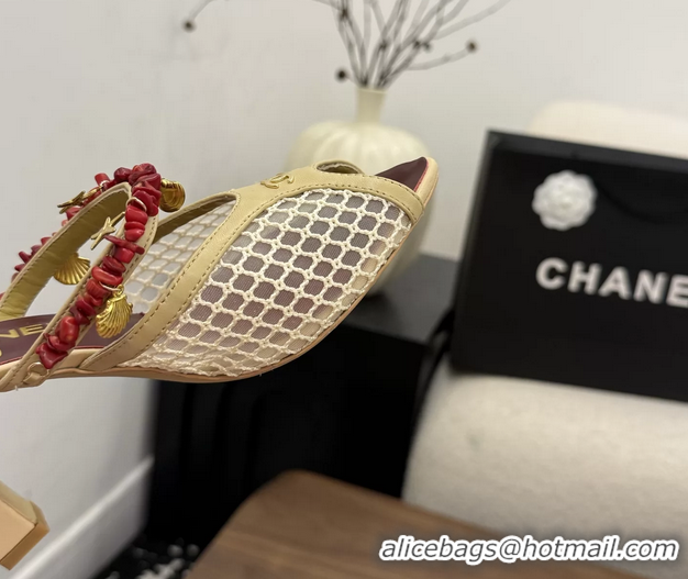 Cheap Chanel High Heeled Mules Sandals Beige Mesh Cotton and Lambskin 80MM 6052402