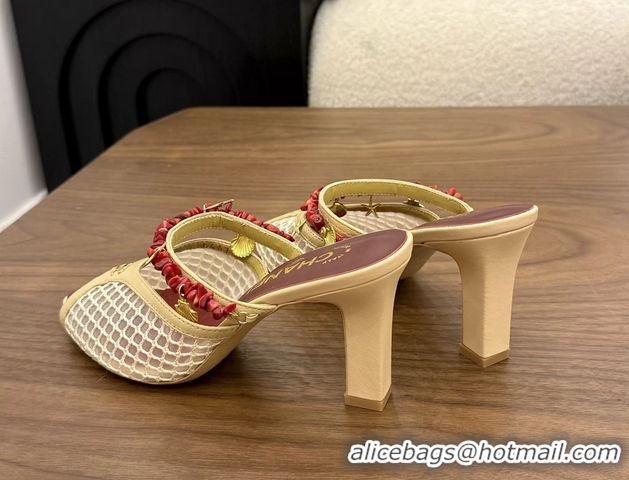 Cheap Chanel High Heeled Mules Sandals Beige Mesh Cotton and Lambskin 80MM 6052402