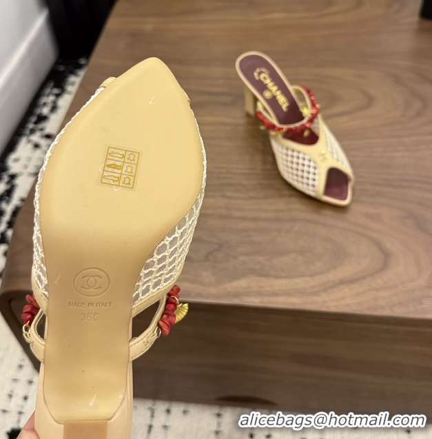 Cheap Chanel High Heeled Mules Sandals Beige Mesh Cotton and Lambskin 80MM 6052402