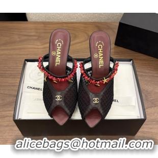 Luxurious Chanel High Heeled Mules Sandals Black Mesh Cotton and Lambskin 80MM 6052402