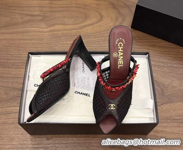 Luxurious Chanel High Heeled Mules Sandals Black Mesh Cotton and Lambskin 80MM 6052402