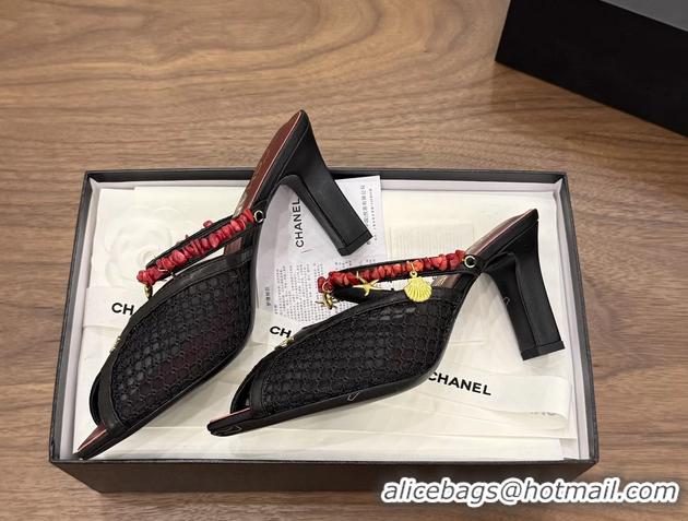 Luxurious Chanel High Heeled Mules Sandals Black Mesh Cotton and Lambskin 80MM 6052402
