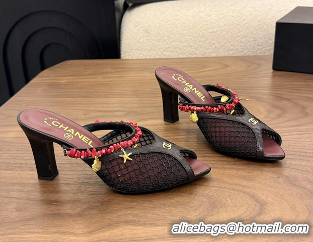 Luxurious Chanel High Heeled Mules Sandals Black Mesh Cotton and Lambskin 80MM 6052402