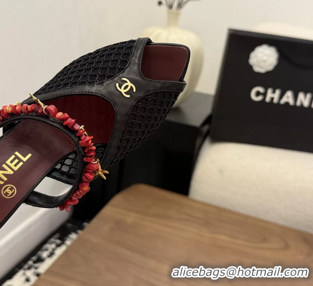 Luxurious Chanel High Heeled Mules Sandals Black Mesh Cotton and Lambskin 80MM 6052402