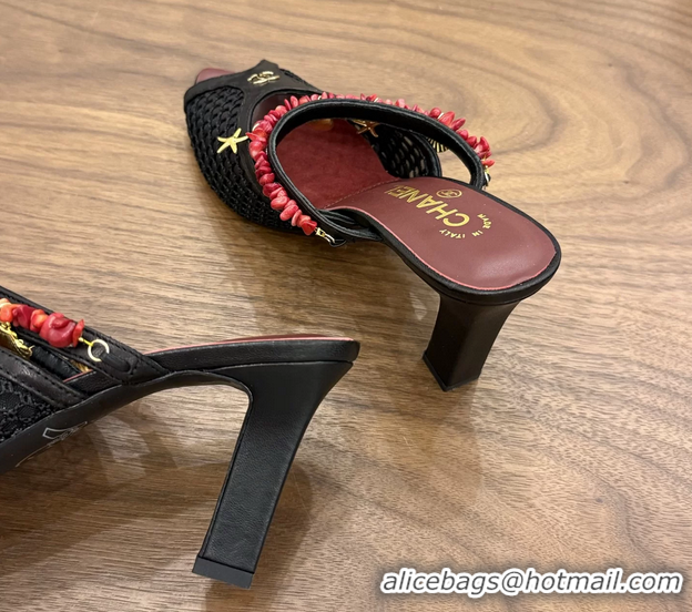 Luxurious Chanel High Heeled Mules Sandals Black Mesh Cotton and Lambskin 80MM 6052402