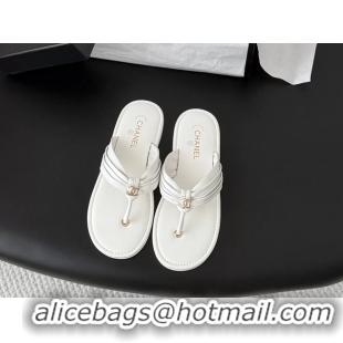 Buy New Cheap Chanel CC Logo White Leather Flat Thong Sandals 6052403