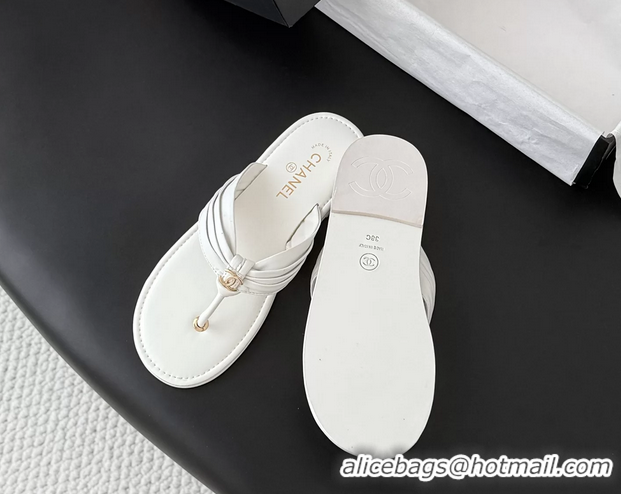 Buy New Cheap Chanel CC Logo White Leather Flat Thong Sandals 6052403