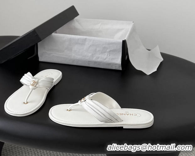 Buy New Cheap Chanel CC Logo White Leather Flat Thong Sandals 6052403