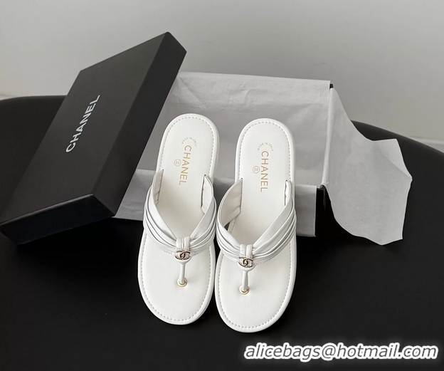 Buy New Cheap Chanel CC Logo White Leather Flat Thong Sandals 6052403