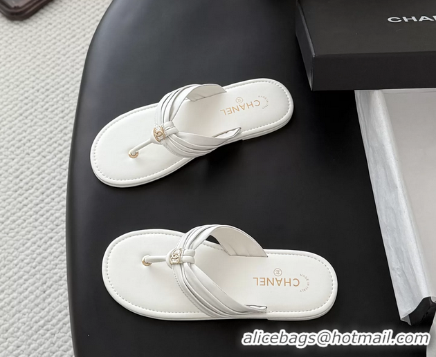 Buy New Cheap Chanel CC Logo White Leather Flat Thong Sandals 6052403