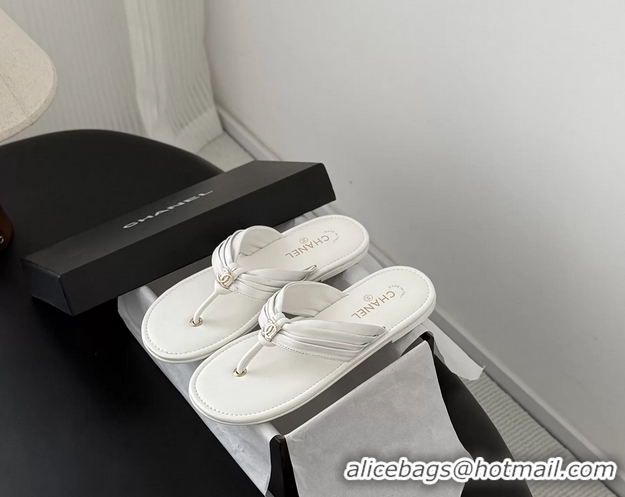 Buy New Cheap Chanel CC Logo White Leather Flat Thong Sandals 6052403