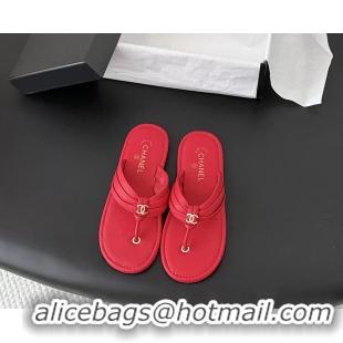 Best Product Chanel CC Logo Red Leather Flat Thong Sandals 6052403