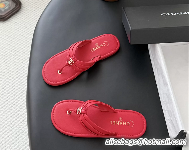 Best Product Chanel CC Logo Red Leather Flat Thong Sandals 6052403