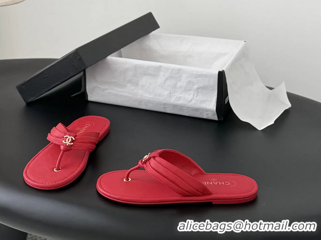 Best Product Chanel CC Logo Red Leather Flat Thong Sandals 6052403