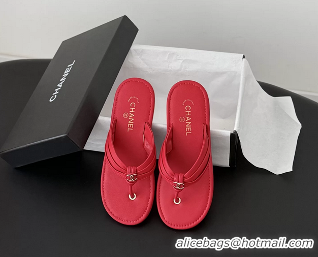 Best Product Chanel CC Logo Red Leather Flat Thong Sandals 6052403