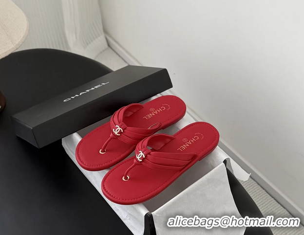 Best Product Chanel CC Logo Red Leather Flat Thong Sandals 6052403