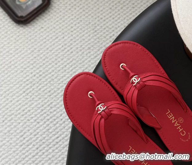 Best Product Chanel CC Logo Red Leather Flat Thong Sandals 6052403