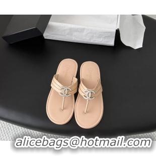 Most Popular Chanel CC Logo Light Pink Leather Flat Thong Sandals 6052403