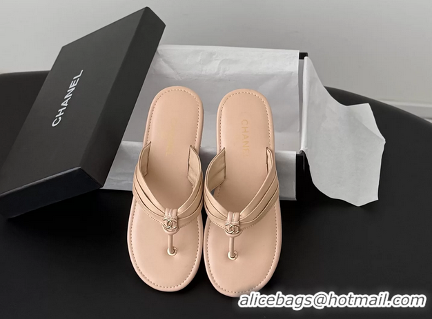 AAAAA Chanel CC Logo Light Pink Leather Flat Thong Sandals 6052403