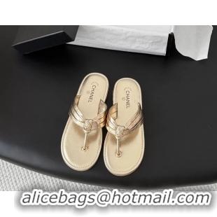 Popular Style Chanel CC Logo Gold Leather Flat Thong Sandals 6052403