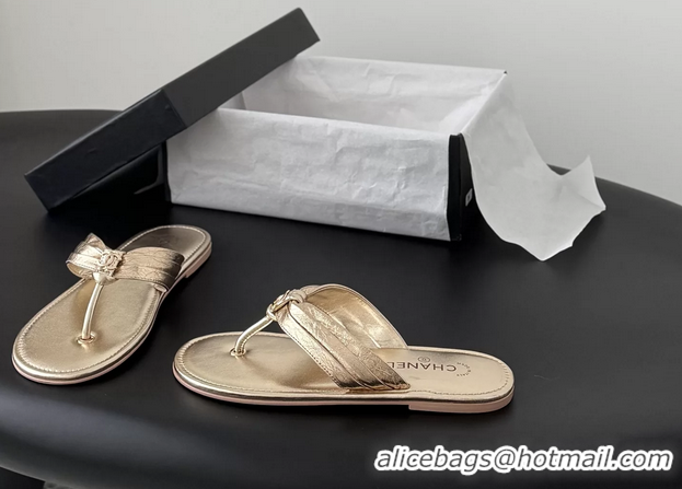 Popular Style Chanel CC Logo Gold Leather Flat Thong Sandals 6052403
