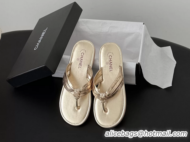 Popular Style Chanel CC Logo Gold Leather Flat Thong Sandals 6052403