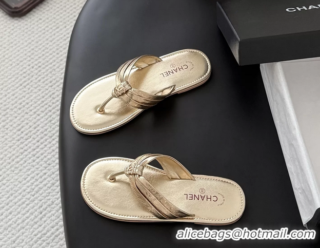 Popular Style Chanel CC Logo Gold Leather Flat Thong Sandals 6052403