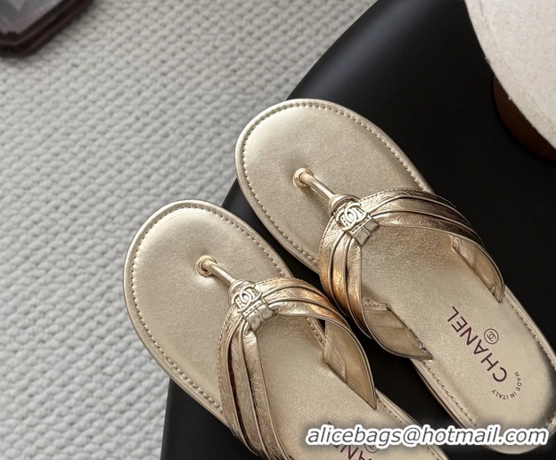 Popular Style Chanel CC Logo Gold Leather Flat Thong Sandals 6052403