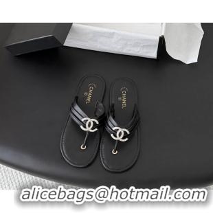 Perfect Chanel CC Logo Black Leather Flat Thong Sandals 6052403