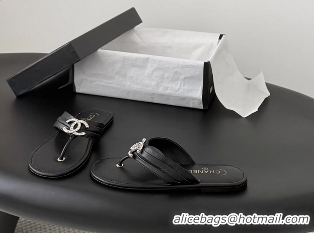 Perfect Chanel CC Logo Black Leather Flat Thong Sandals 6052403