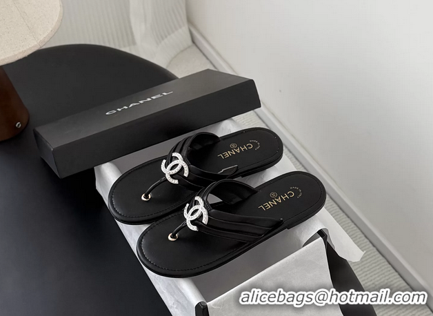 Perfect Chanel CC Logo Black Leather Flat Thong Sandals 6052403