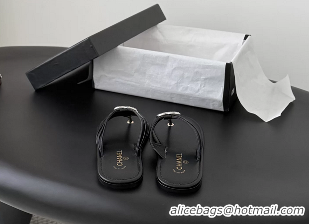 Perfect Chanel CC Logo Black Leather Flat Thong Sandals 6052403