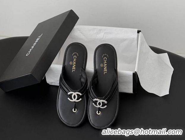 Perfect Chanel CC Logo Black Leather Flat Thong Sandals 6052403