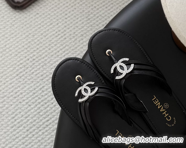 Perfect Chanel CC Logo Black Leather Flat Thong Sandals 6052403