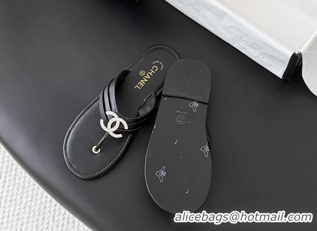 Perfect Chanel CC Logo Black Leather Flat Thong Sandals 6052403