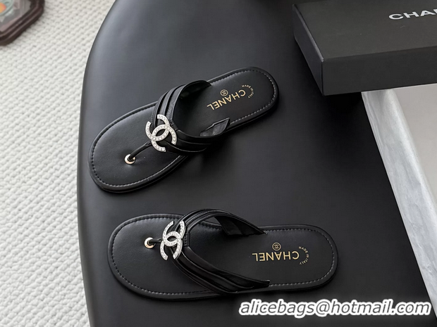 Perfect Chanel CC Logo Black Leather Flat Thong Sandals 6052403