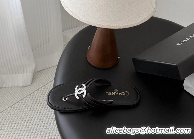 Perfect Chanel CC Logo Black Leather Flat Thong Sandals 6052403