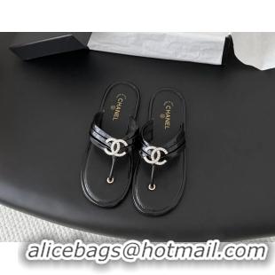 Durable Chanel CC Logo Black Leather Flat Thong Sandals 6052403