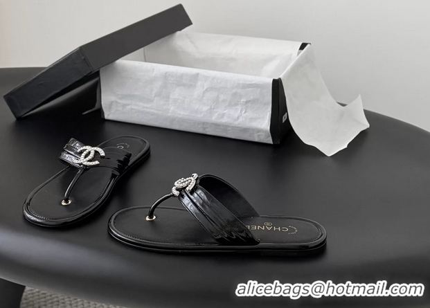 Durable Chanel CC Logo Black Leather Flat Thong Sandals 6052403