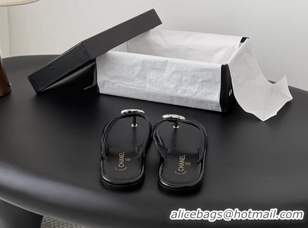 Durable Chanel CC Logo Black Leather Flat Thong Sandals 6052403