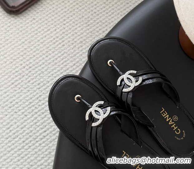 Durable Chanel CC Logo Black Leather Flat Thong Sandals 6052403
