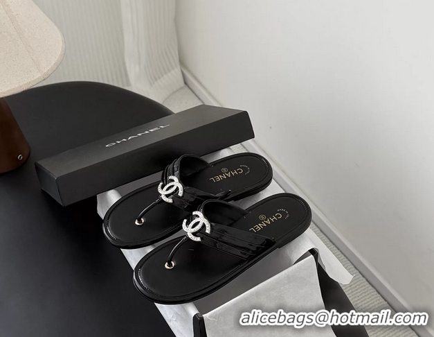 Durable Chanel CC Logo Black Leather Flat Thong Sandals 6052403