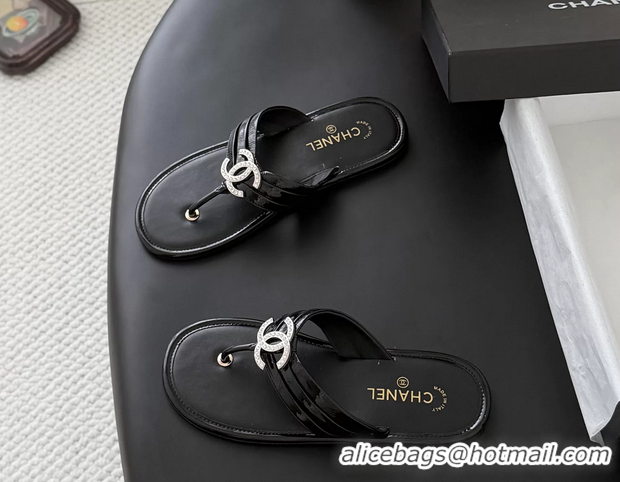 Durable Chanel CC Logo Black Leather Flat Thong Sandals 6052403