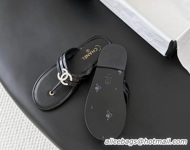 Durable Chanel CC Logo Black Leather Flat Thong Sandals 6052403