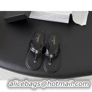 Comfortable Chanel CC Logo Black Leather Flat Thong Sandals 6052403