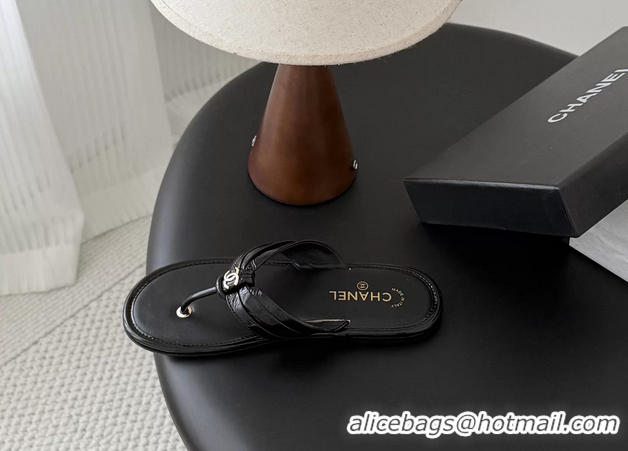 Comfortable Chanel CC Logo Black Leather Flat Thong Sandals 6052403