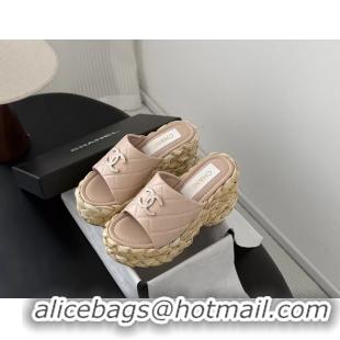 Purchase Chanel CC Logo Quilted Leather Raffia Wedge Sandals Pink 6052404